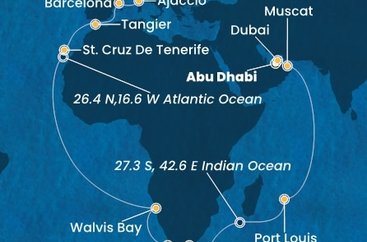 Spojené arabské emiráty, Omán, Mauricius, Jihoafrická republika, Namibie, Španělsko, Maroko, Francie, Itálie z Abu Dhabi na lodi Costa Smeralda