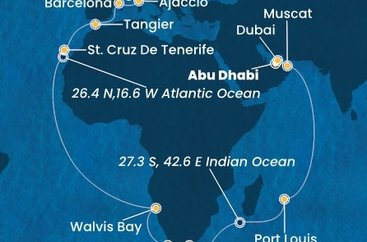 Spojené arabské emiráty, Omán, Mauricius, Jihoafrická republika, Namibie, Španělsko, Maroko, Francie, Itálie z Abu Dhabi na lodi Costa Smeralda