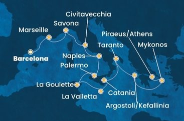 Španělsko, Francie, Itálie, Tunisko, Malta, Řecko z Barcelony na lodi Costa Fascinosa