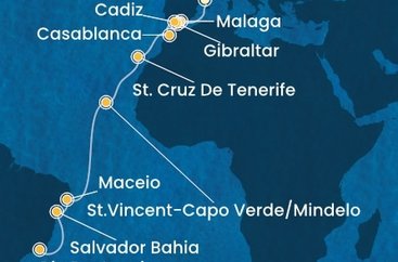 Španělsko, Velká Británie, Maroko, Kapverdy, Brazílie z Barcelony na lodi Costa Diadema