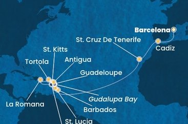 Španělsko, Barbados, Guadeloupe, Svatý Kryštof a Nevis, Britské Panenské ostrovy, Dominikánská republika, Svatá Lucie, Zámořské společenství Francie, Antigua a Barbuda z Barcelony na lodi Costa Fascinosa