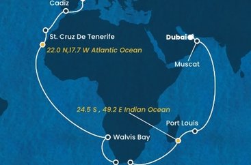 Španělsko, Namibie, Jihoafrická republika, , Mauricius, Omán, Spojené arabské emiráty z Barcelony na lodi Costa Smeralda