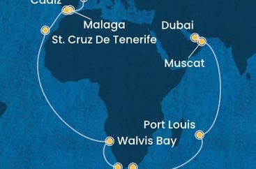 Španělsko, Namibie, Jihoafrická republika, Mauricius, Omán, Spojené arabské emiráty z Barcelony na lodi Costa Toscana