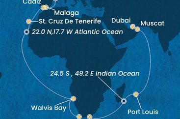 Španělsko, Namibie, Jihoafrická republika, , Mauricius, Omán, Spojené arabské emiráty z Barcelony na lodi Costa Toscana