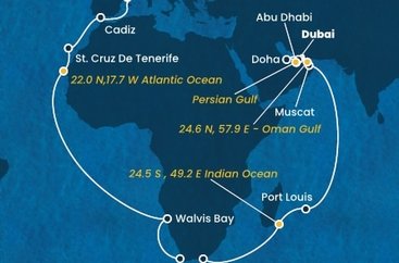 Španělsko, Namibie, Jihoafrická republika, , Mauricius, Omán, Spojené arabské emiráty, Katar z Barcelony na lodi Costa Smeralda