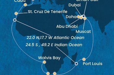 Španělsko, Namibie, Jihoafrická republika, , Mauricius, Omán, Spojené arabské emiráty, Katar z Barcelony na lodi Costa Smeralda