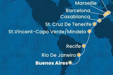 Argentina, Brazílie, Kapverdy, Španělsko, Maroko, Francie, Itálie z Buenos Aires na lodi Costa Favolosa