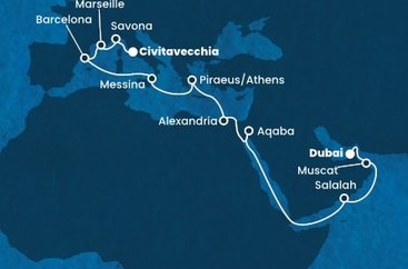 Itálie, Francie, Španělsko, Řecko, Egypt, Jordánsko, Omán, Spojené arabské emiráty z Civitavecchia na lodi Costa Toscana