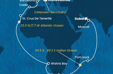 Itálie, Francie, Španělsko, Namibie, Jihoafrická republika, , Mauricius, Omán, Spojené arabské emiráty z Civitavecchia na lodi Costa Smeralda