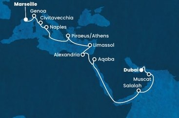 Spojené arabské emiráty, Omán, Jordánsko, Egypt, Kypr, Řecko, Itálie, Francie z Dubaje na lodi Costa Toscana