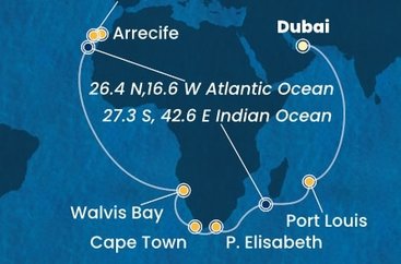 Spojené arabské emiráty, Mauricius, Jihoafrická republika, Namibie, Španělsko z Dubaje na lodi Costa Toscana