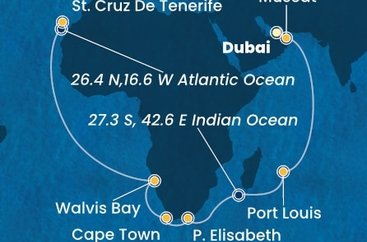 Spojené arabské emiráty, Omán, Mauricius, Jihoafrická republika, Namibie, Španělsko z Dubaje na lodi Costa Smeralda