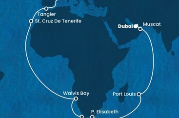 Spojené arabské emiráty, Omán, Mauricius, Jihoafrická republika, Namibie, Španělsko, Maroko z Dubaje na lodi Costa Smeralda