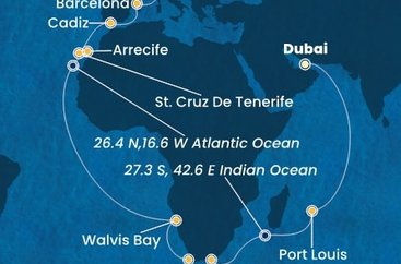 Spojené arabské emiráty, Mauricius, Jihoafrická republika, Namibie, Španělsko, Itálie z Dubaje na lodi Costa Toscana