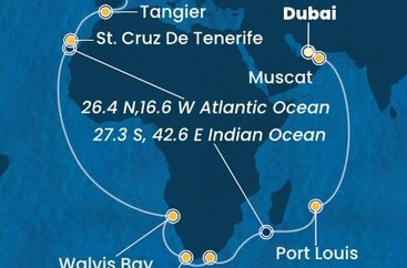 Spojené arabské emiráty, Omán, Mauricius, Jihoafrická republika, Namibie, Španělsko, Maroko z Dubaje na lodi Costa Smeralda