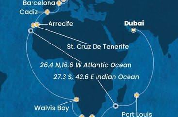 Spojené arabské emiráty, Mauricius, Jihoafrická republika, Namibie, Španělsko, Itálie, Francie z Dubaje na lodi Costa Toscana