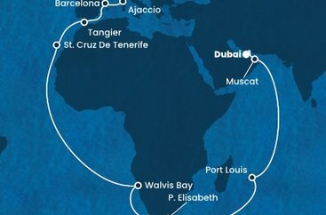 Spojené arabské emiráty, Omán, Mauricius, Jihoafrická republika, Namibie, Španělsko, Maroko, Francie, Itálie z Dubaje na lodi Costa Smeralda