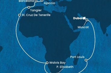 Spojené arabské emiráty, Omán, Mauricius, Jihoafrická republika, Namibie, Španělsko, Maroko, Francie, Itálie z Dubaje na lodi Costa Smeralda