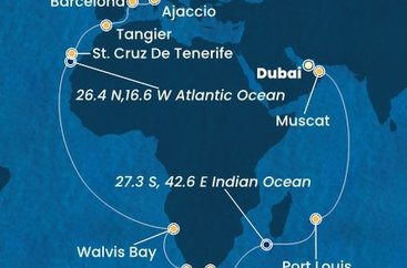 Spojené arabské emiráty, Omán, Mauricius, Jihoafrická republika, Namibie, Španělsko, Maroko, Francie, Itálie z Dubaje na lodi Costa Smeralda