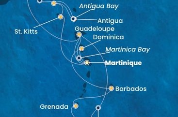 Martinik, Zámořské společenství Francie, Guadeloupe, Britské Panenské ostrovy, , Antigua a Barbuda, Svatý Martin, Svatý Kryštof a Nevis, Trinidad a Tobago, Grenada, Barbados, Dominika z Fort-de-France, Martinik na lodi Costa Fortuna