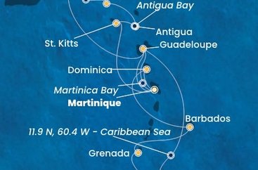 Martinik, Guadeloupe, Zámořské společenství Francie, Trinidad a Tobago, Grenada, Barbados, Dominika, Britské Panenské ostrovy, , Svatý Martin, Antigua a Barbuda, Svatý Kryštof a Nevis z Fort-de-France, Martinik na lodi Costa Fortuna