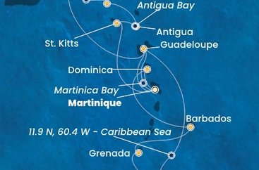 Martinik, Zámořské společenství Francie, Guadeloupe, Britské Panenské ostrovy, , Svatý Martin, Antigua a Barbuda, Svatý Kryštof a Nevis, Trinidad a Tobago, Grenada, Barbados, Dominika z Fort-de-France, Martinik na lodi Costa Fortuna