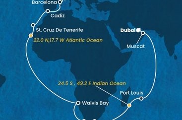 Itálie, Francie, Španělsko, Namibie, Jihoafrická republika, , Mauricius, Omán, Spojené arabské emiráty z Janova na lodi Costa Smeralda