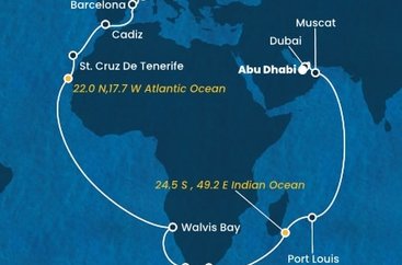 Itálie, Francie, Španělsko, Namibie, Jihoafrická republika, , Mauricius, Omán, Spojené arabské emiráty z Janova na lodi Costa Smeralda