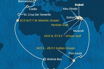 Itálie, Francie, Španělsko, Namibie, Jihoafrická republika, , Mauricius, Omán, Spojené arabské emiráty, Katar z Janova na lodi Costa Smeralda