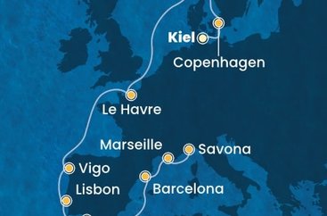 Německo, Dánsko, Norsko, Francie, Španělsko, Portugalsko, Itálie z Kielu na lodi Costa Diadema