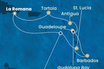 Dominikánská republika, Svatá Lucie, Barbados, Guadeloupe, Zámořské společenství Francie, Antigua a Barbuda, Britské Panenské ostrovy z La Romany na lodi Costa Fascinosa