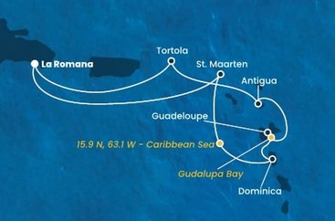 Dominikánská republika, Svatý Martin, Dominika, Guadeloupe, Zámořské společenství Francie, Antigua a Barbuda, Britské Panenské ostrovy z La Romany na lodi Costa Fascinosa