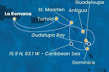 Dominikánská republika, Svatý Martin, Dominika, Guadeloupe, Zámořské společenství Francie, Antigua a Barbuda, Britské Panenské ostrovy z La Romany na lodi Costa Fascinosa