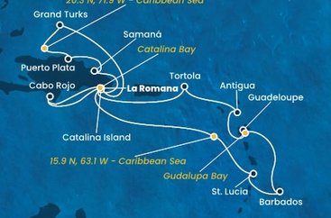 Dominikánská republika, , Svatá Lucie, Barbados, Guadeloupe, Antigua a Barbuda, Britské Panenské ostrovy, Zámořské území Velké Británie z La Romany na lodi Costa Fascinosa