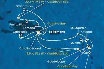 Dominikánská republika, Zámořské území Velké Británie, , Dominika, Svatý Kryštof a Nevis, Guadeloupe, Antigua a Barbuda, Svatý Martin z La Romany na lodi Costa Fascinosa