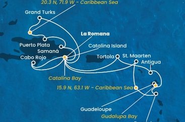 Dominikánská republika, Svatý Martin, , Dominika, Guadeloupe, Antigua a Barbuda, Britské Panenské ostrovy, Zámořské území Velké Británie z La Romany na lodi Costa Fascinosa