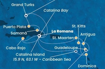 Dominikánská republika, Zámořské území Velké Británie, Dominika, Svatý Kryštof a Nevis, Guadeloupe, Zámořské společenství Francie, Antigua a Barbuda, Svatý Martin z La Romany na lodi Costa Fascinosa