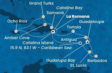 Dominikánská republika, Svatá Lucie, Barbados, Guadeloupe, Zámořské společenství Francie, Antigua a Barbuda, Britské Panenské ostrovy, Jamajka, Zámořské území Velké Británie z La Romany na lodi Costa Fascinosa