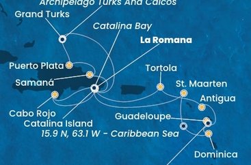 Dominikánská republika, Svatý Martin, Dominika, Guadeloupe, Zámořské společenství Francie, Antigua a Barbuda, Britské Panenské ostrovy, Zámořské území Velké Británie z La Romany na lodi Costa Fascinosa