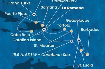 Dominikánská republika, Svatá Lucie, Barbados, Guadeloupe, Zámořské společenství Francie, Svatý Martin, Britské Panenské ostrovy, Zámořské území Velké Británie z La Romany na lodi Costa Fascinosa