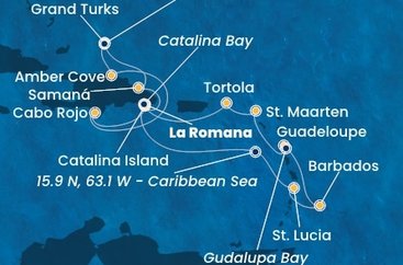 Dominikánská republika, Zámořské území Velké Británie, Svatá Lucie, Barbados, Guadeloupe, Zámořské společenství Francie, Svatý Martin, Britské Panenské ostrovy z La Romany na lodi Costa Fascinosa