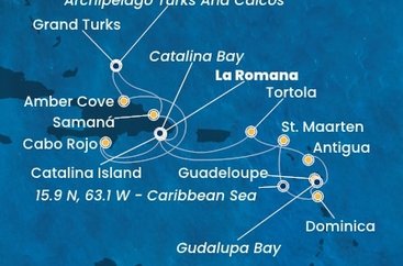 Dominikánská republika, Zámořské území Velké Británie, Svatý Martin, Dominika, Guadeloupe, Zámořské společenství Francie, Antigua a Barbuda, Britské Panenské ostrovy z La Romany na lodi Costa Fascinosa