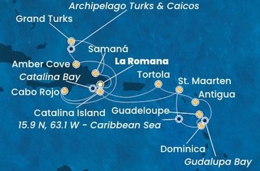 Dominikánská republika, Zámořské území Velké Británie, Svatý Martin, Dominika, Guadeloupe, Zámořské společenství Francie, Antigua a Barbuda, Britské Panenské ostrovy z La Romany na lodi Costa Fascinosa