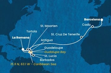 Dominikánská republika, Svatá Lucie, Barbados, Guadeloupe, Zámořské společenství Francie, Antigua a Barbuda, Britské Panenské ostrovy, Svatý Martin, Španělsko z La Romany na lodi Costa Fascinosa