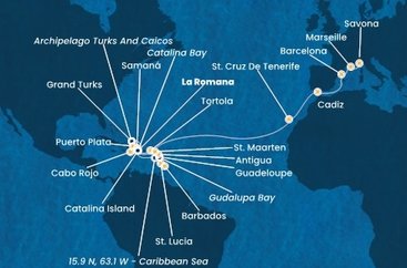 Dominikánská republika, Zámořské území Velké Británie, Svatá Lucie, Barbados, Guadeloupe, Zámořské společenství Francie, Antigua a Barbuda, Britské Panenské ostrovy, Svatý Martin, Španělsko, Francie, Itálie z La Romany na lodi Costa Fascinosa