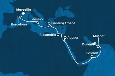 Francie, Španělsko, Itálie, Řecko, Egypt, Jordánsko, Omán, Spojené arabské emiráty z Marseille na lodi Costa Toscana