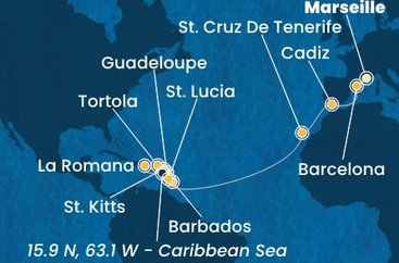 Francie, Španělsko, Barbados, Guadeloupe, Svatý Kryštof a Nevis, Britské Panenské ostrovy, Dominikánská republika, Svatá Lucie z Marseille na lodi Costa Fascinosa