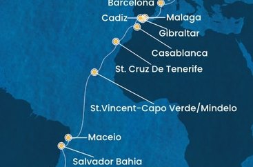 Francie, Itálie, Španělsko, Velká Británie, Maroko, Kapverdy, Brazílie z Marseille na lodi Costa Diadema