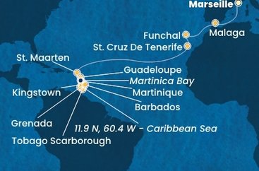 Francie, Španělsko, Portugalsko, Svatý Martin, Martinik, Guadeloupe, Zámořské společenství Francie, Trinidad a Tobago, Grenada, Svatý Vincenc a Grenadiny, Barbados z Marseille na lodi Costa Fortuna