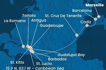 Francie, Španělsko, Barbados, Guadeloupe, Svatý Kryštof a Nevis, Britské Panenské ostrovy, Dominikánská republika, Svatá Lucie, Zámořské společenství Francie, Antigua a Barbuda z Marseille na lodi Costa Fascinosa